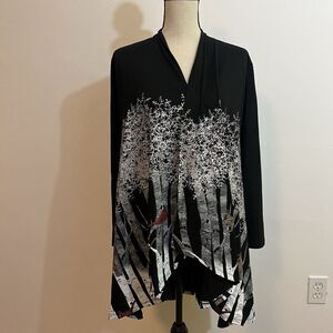 Womens Duster L Cardinal Winter Birds Forest Scene Black Silver Open Front Long